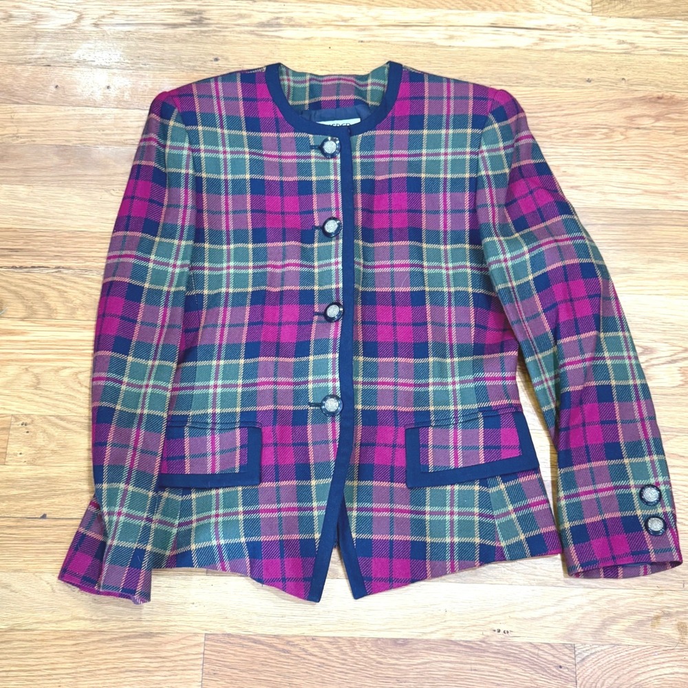 Kasper for ASL Vintage Plaid Wool‎ Blend Collarless Blazer Magenta Preppy 8